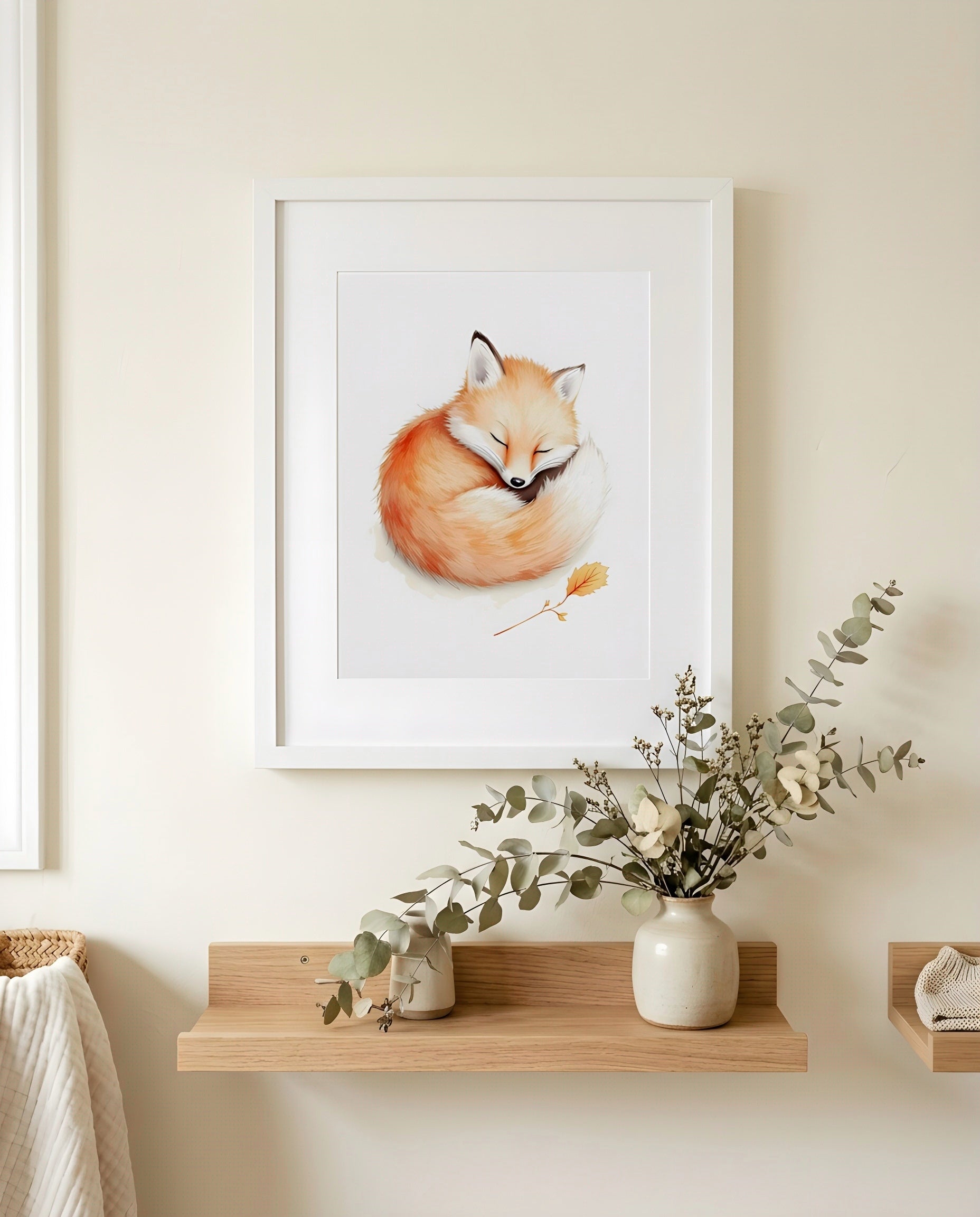 Nursery Baby Fox Minimal Watercolor Wall Art Printable — close-up on a shelf alongside small ornaments