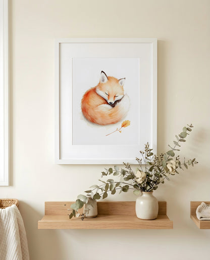 Nursery Baby Fox Minimal Watercolor Wall Art Printable — close-up on a shelf alongside small ornaments