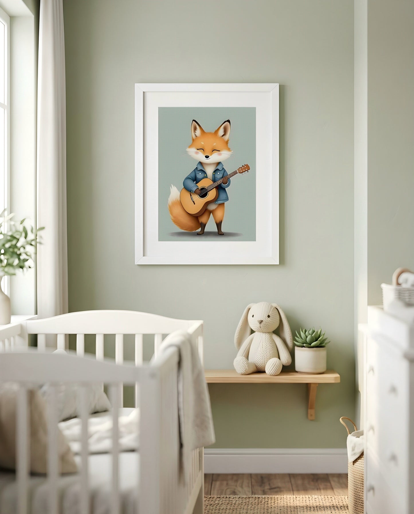 Nursery Baby Fox Musician Retro Character Printable Wall Art — framed in white on a neutral wall