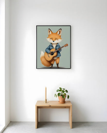 Nursery Baby Fox Musician Retro Character Printable Wall Art — displayed in a styled room corner