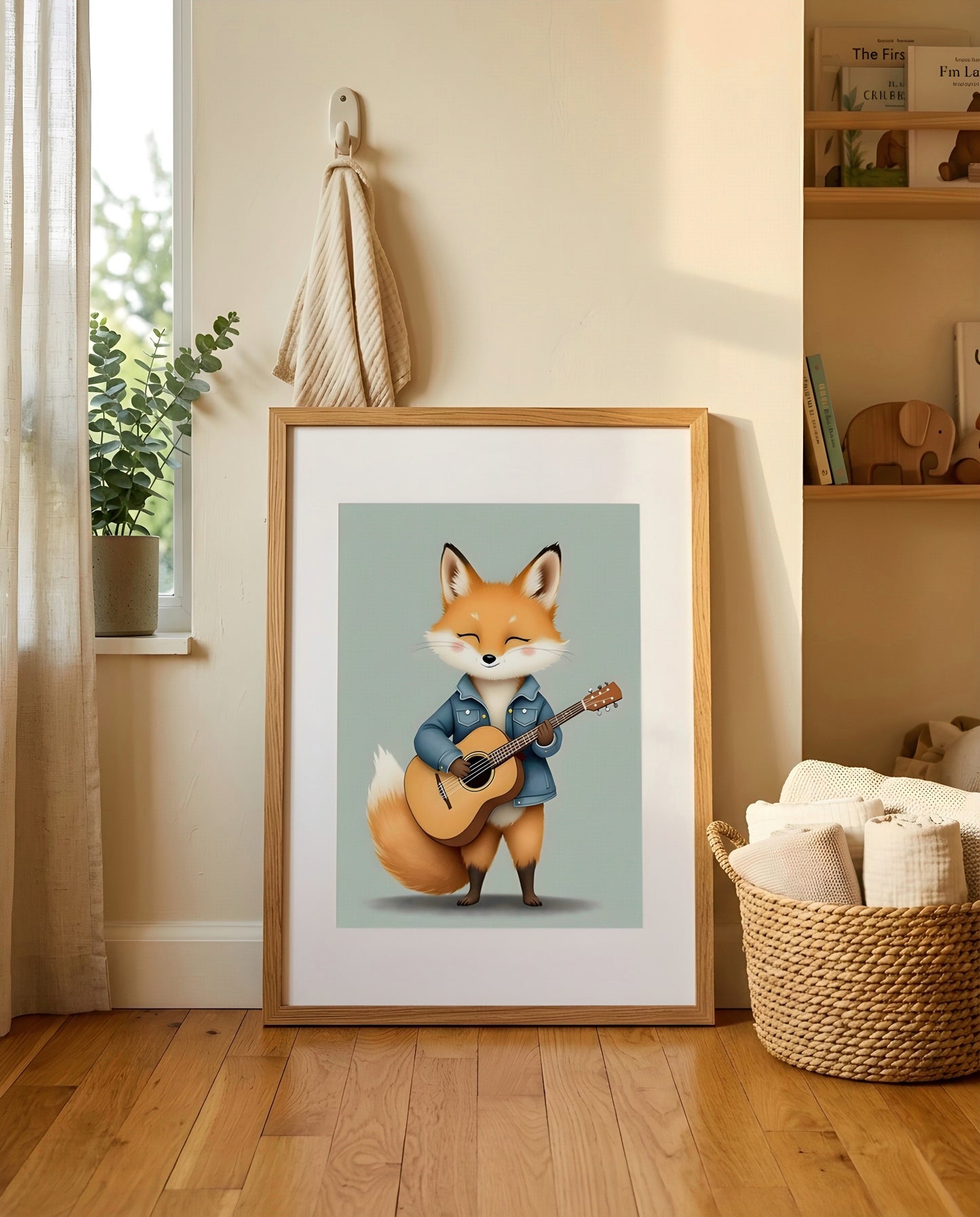 Nursery Baby Fox Musician Retro Character Printable Wall Art — leaning against a light wall in a styled setting