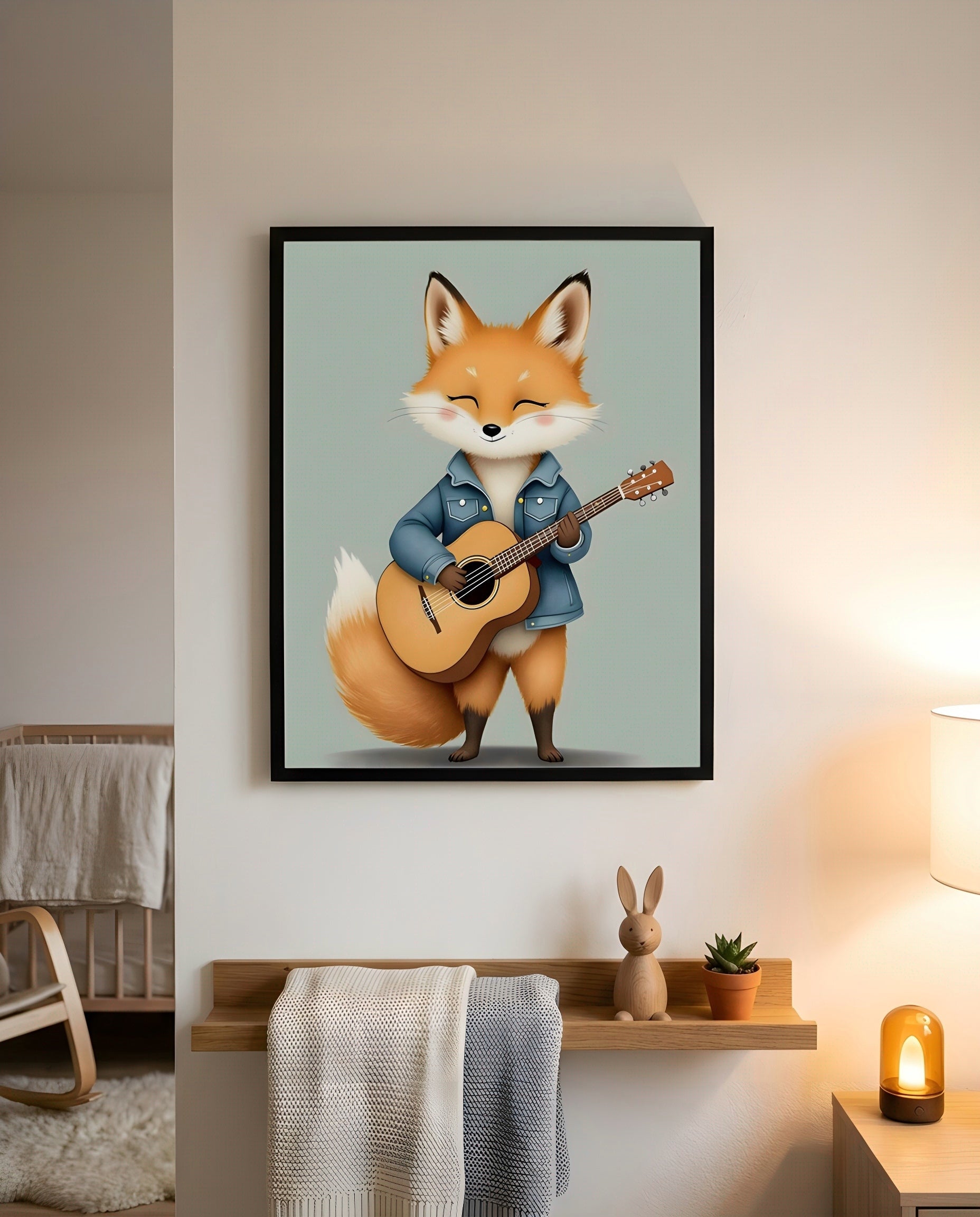 Nursery Baby Fox Musician Retro Character Printable Wall Art — displayed in a styled home setting
