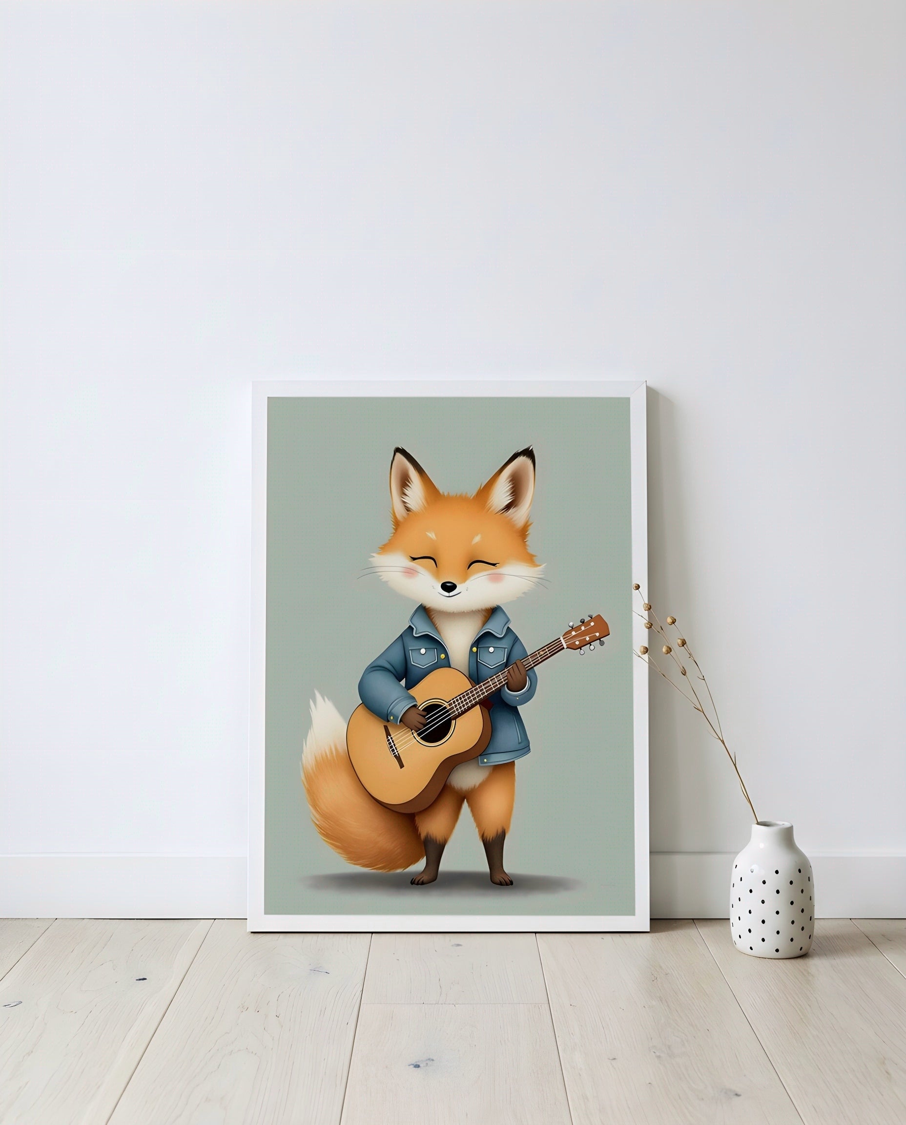 Nursery Baby Fox Musician Retro Character Printable Wall Art — displayed in a styled home setting