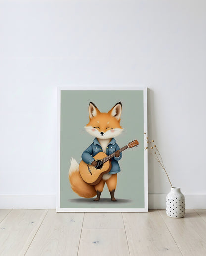 Nursery Baby Fox Musician Retro Character Printable Wall Art — displayed in a styled home setting