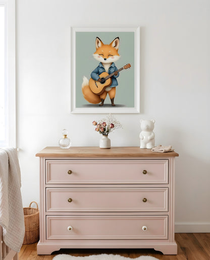 Nursery Baby Fox Musician Retro Character Printable Wall Art — hung above a dresser on a warm-toned wall