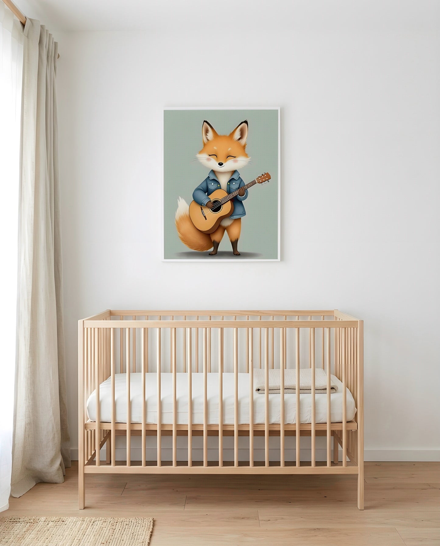 Nursery Baby Fox Musician Retro Character Printable Wall Art — framed above a crib in a softly lit nursery