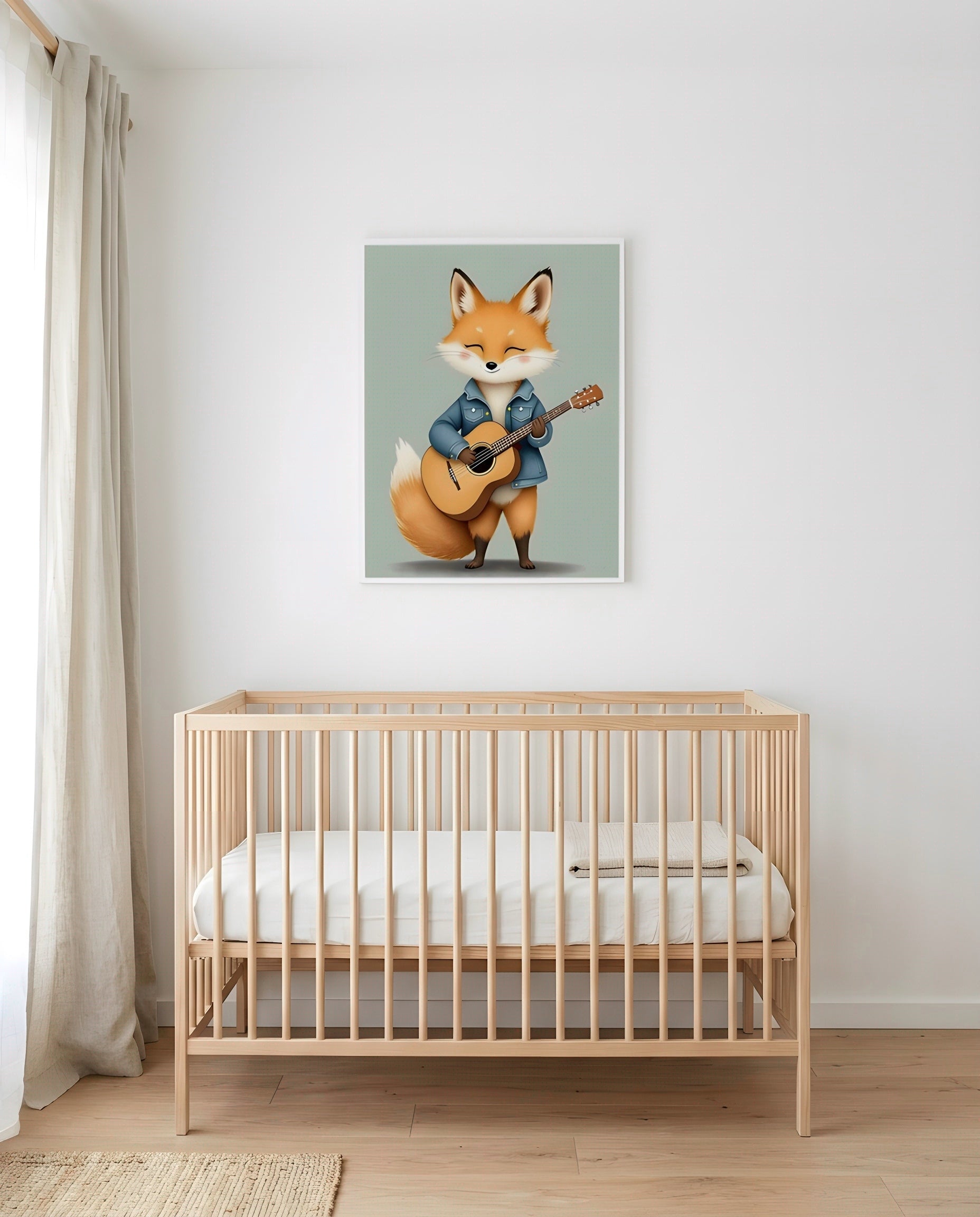 Nursery Baby Fox Musician Retro Character Printable Wall Art — framed above a crib in a softly lit nursery
