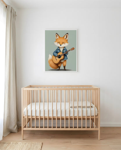 Nursery Baby Fox Musician Retro Character Printable Wall Art — framed above a crib in a softly lit nursery