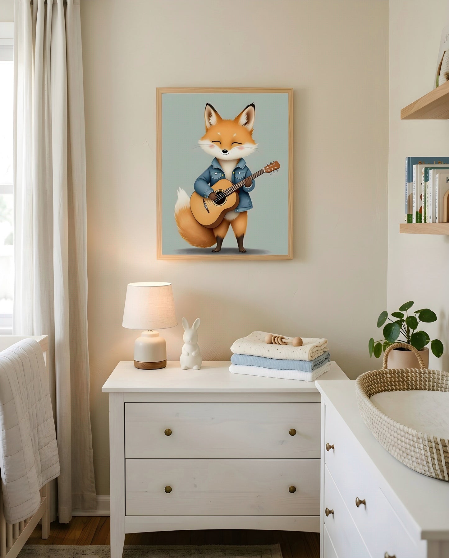 Nursery Baby Fox Musician Retro Character Printable Wall Art — hung above a dresser on a warm-toned wall