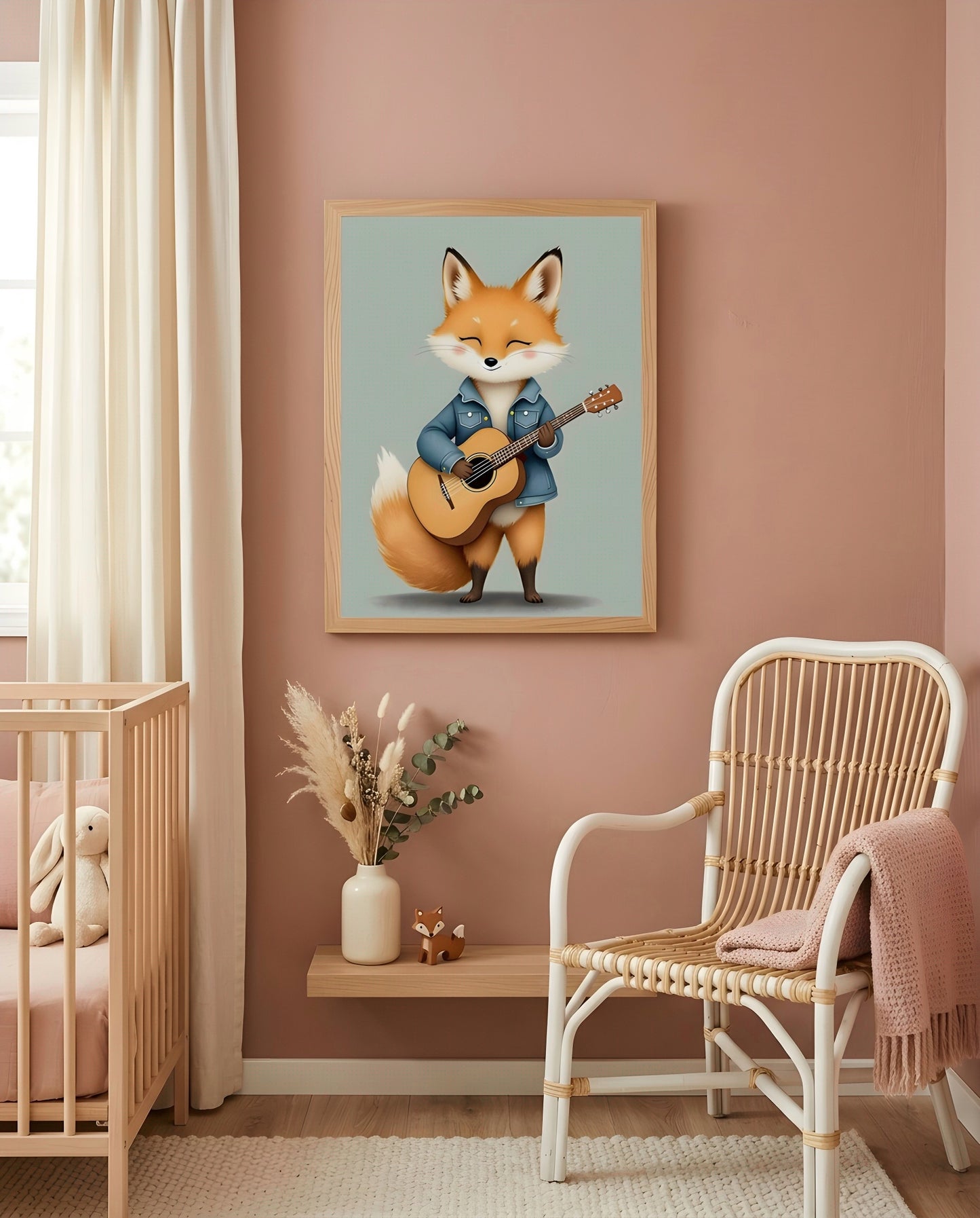 Nursery Baby Fox Musician Retro Character Printable Wall Art — displayed in a styled room corner