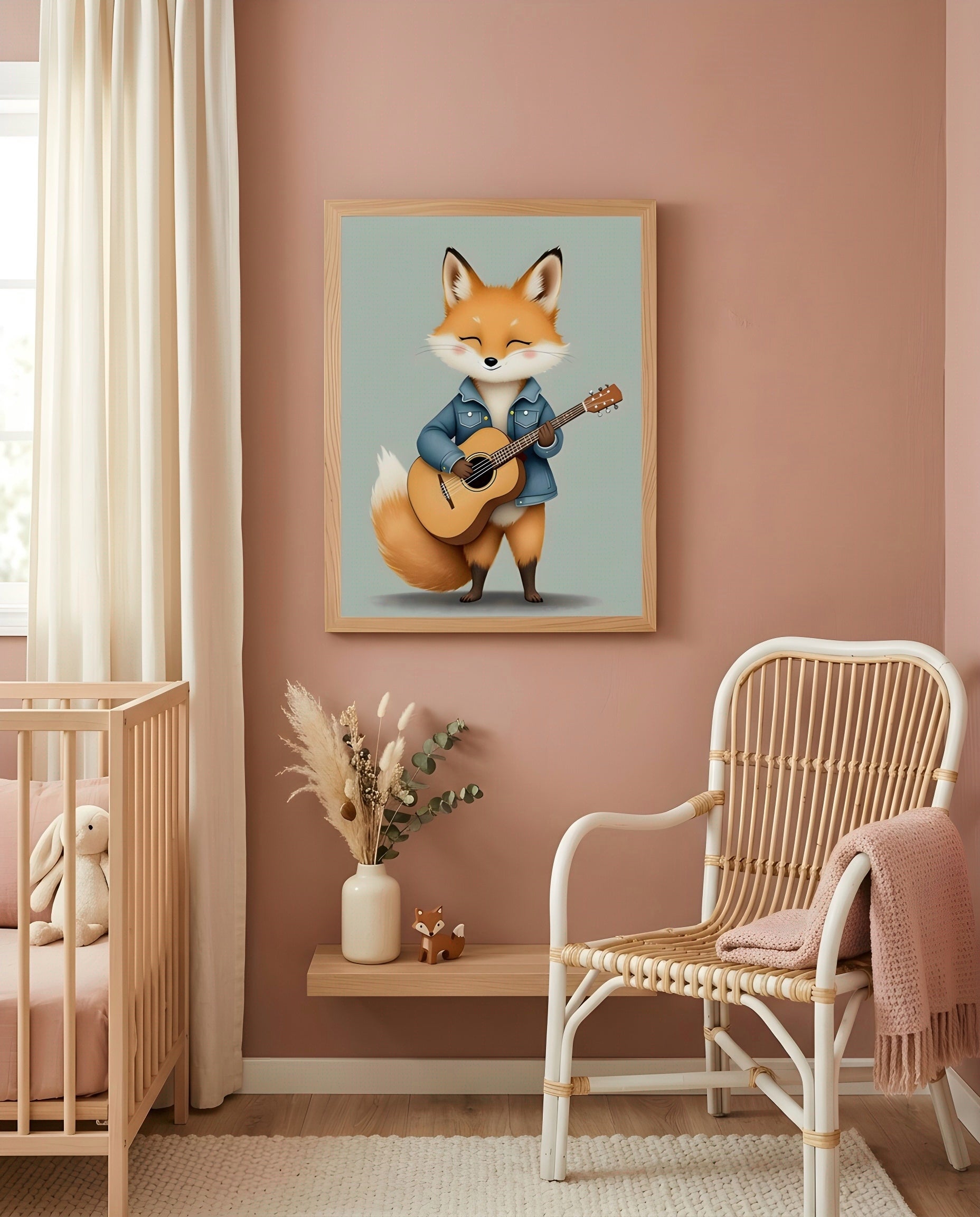 Nursery Baby Fox Musician Retro Character Printable Wall Art — displayed in a styled room corner