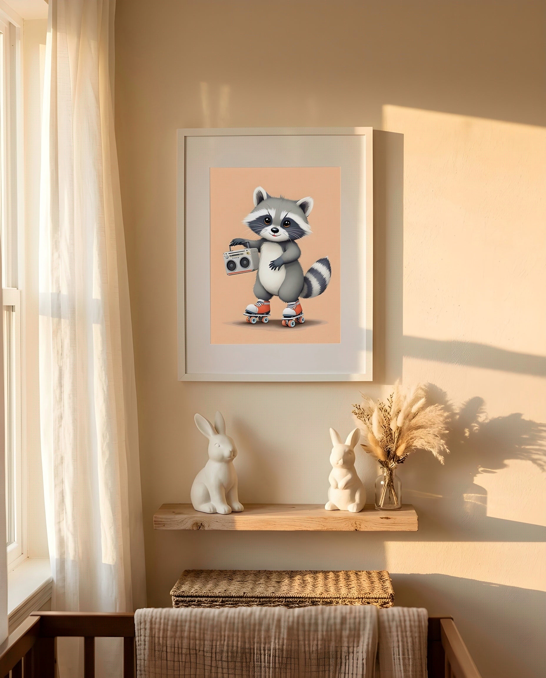 Nursery Baby Raccoon Retro Flat Illustration Printable Wall Art — framed in white on a neutral wall