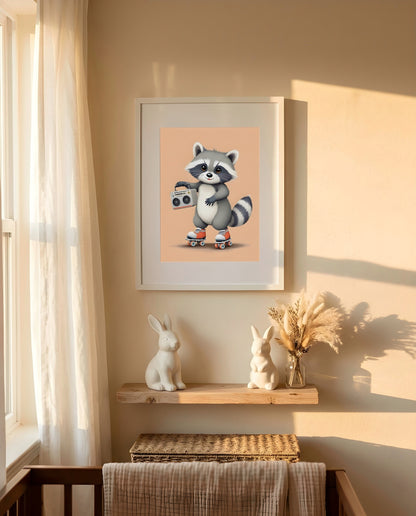 Nursery Baby Raccoon Retro Flat Illustration Printable Wall Art — framed in white on a neutral wall