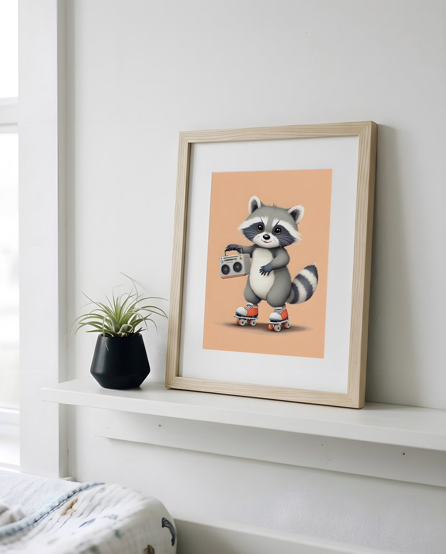Nursery Baby Raccoon Retro Flat Illustration Printable Wall Art — propped on a shelf with decor