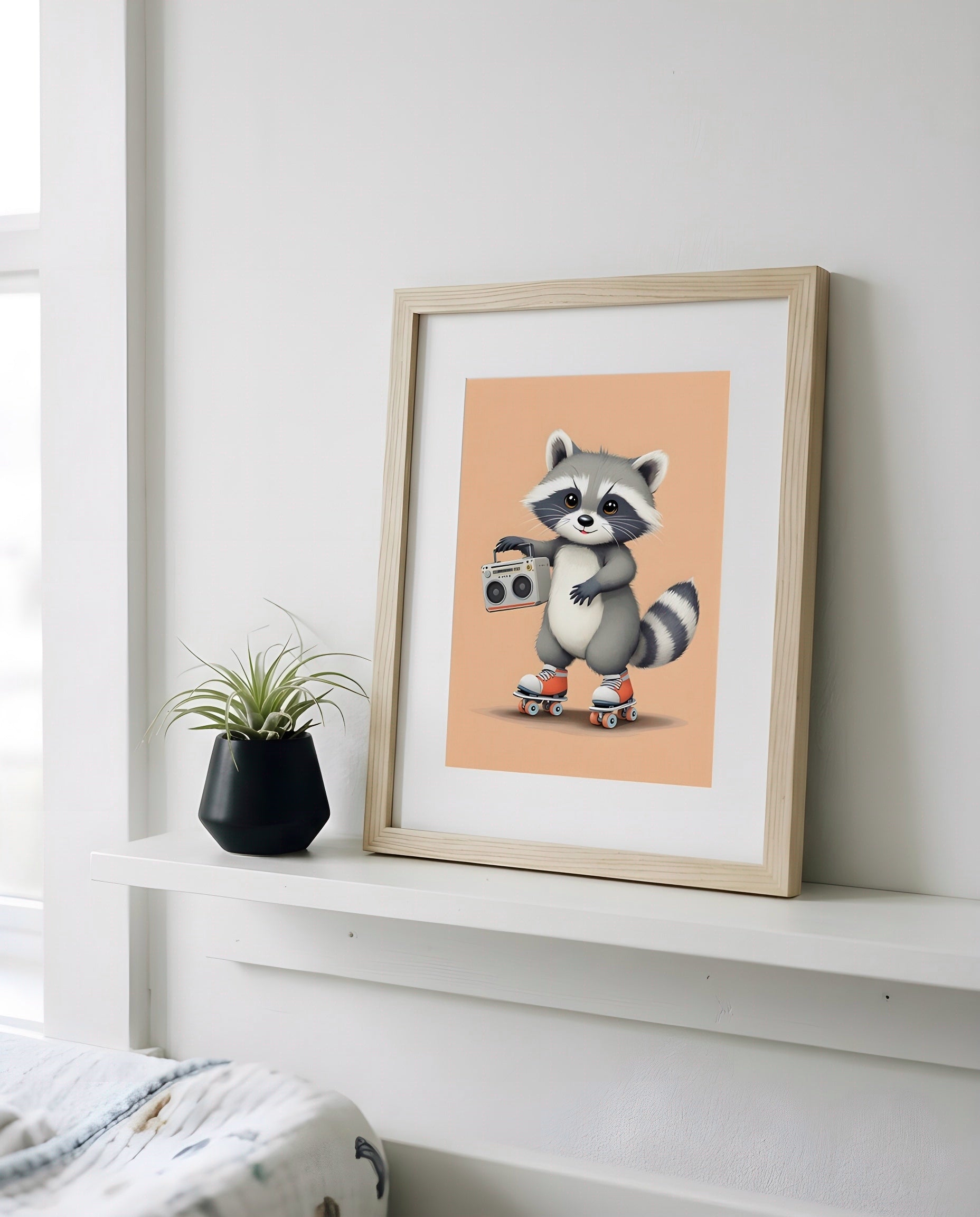 Nursery Baby Raccoon Retro Flat Illustration Printable Wall Art — propped on a shelf with decor