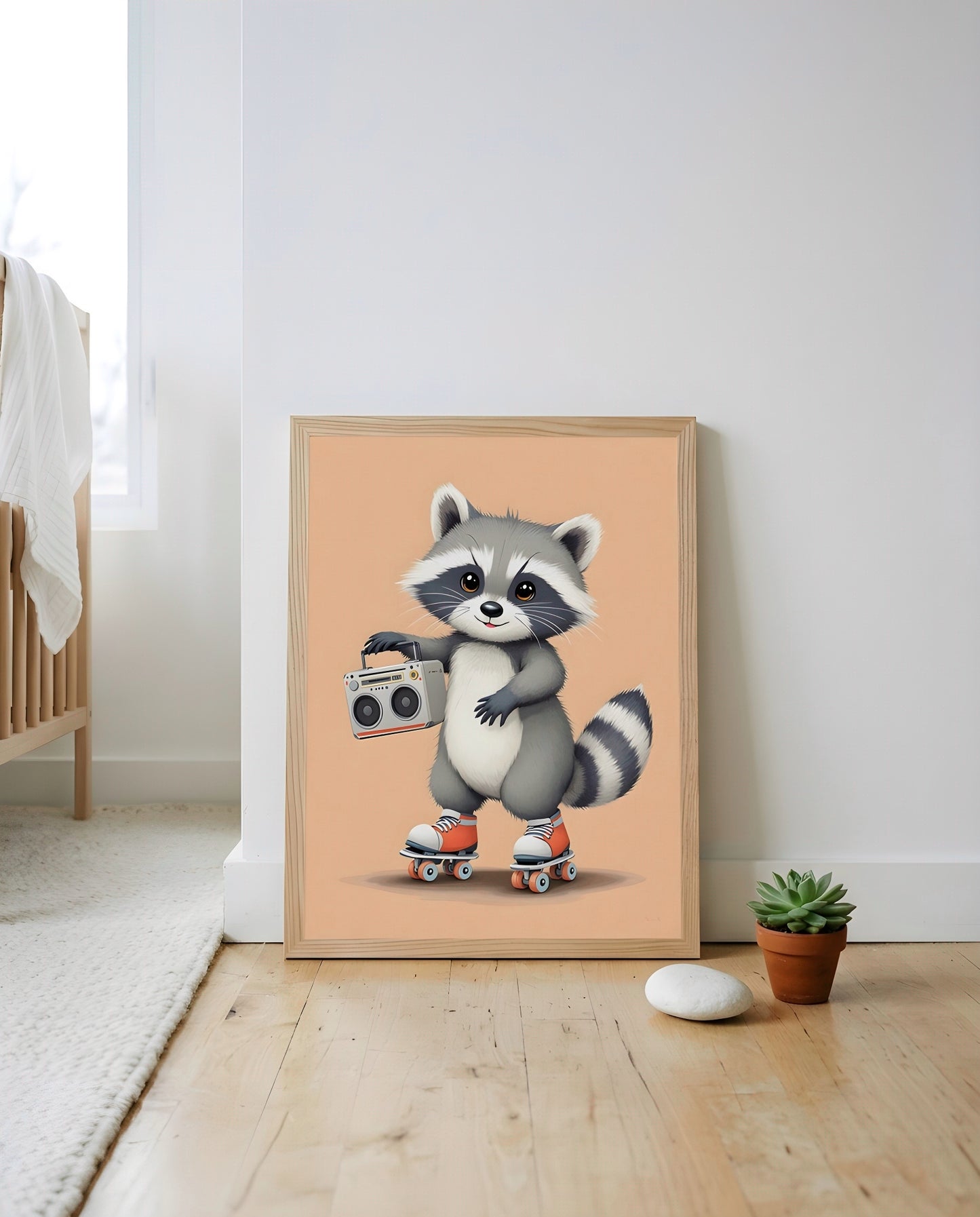 Nursery Baby Raccoon Retro Flat Illustration Printable Wall Art — leaning against a wall in a styled setting