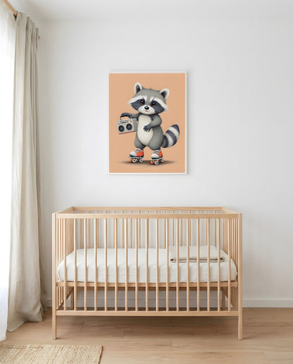 Nursery Baby Raccoon Retro Flat Illustration Printable Wall Art — framed above a crib in a softly lit nursery