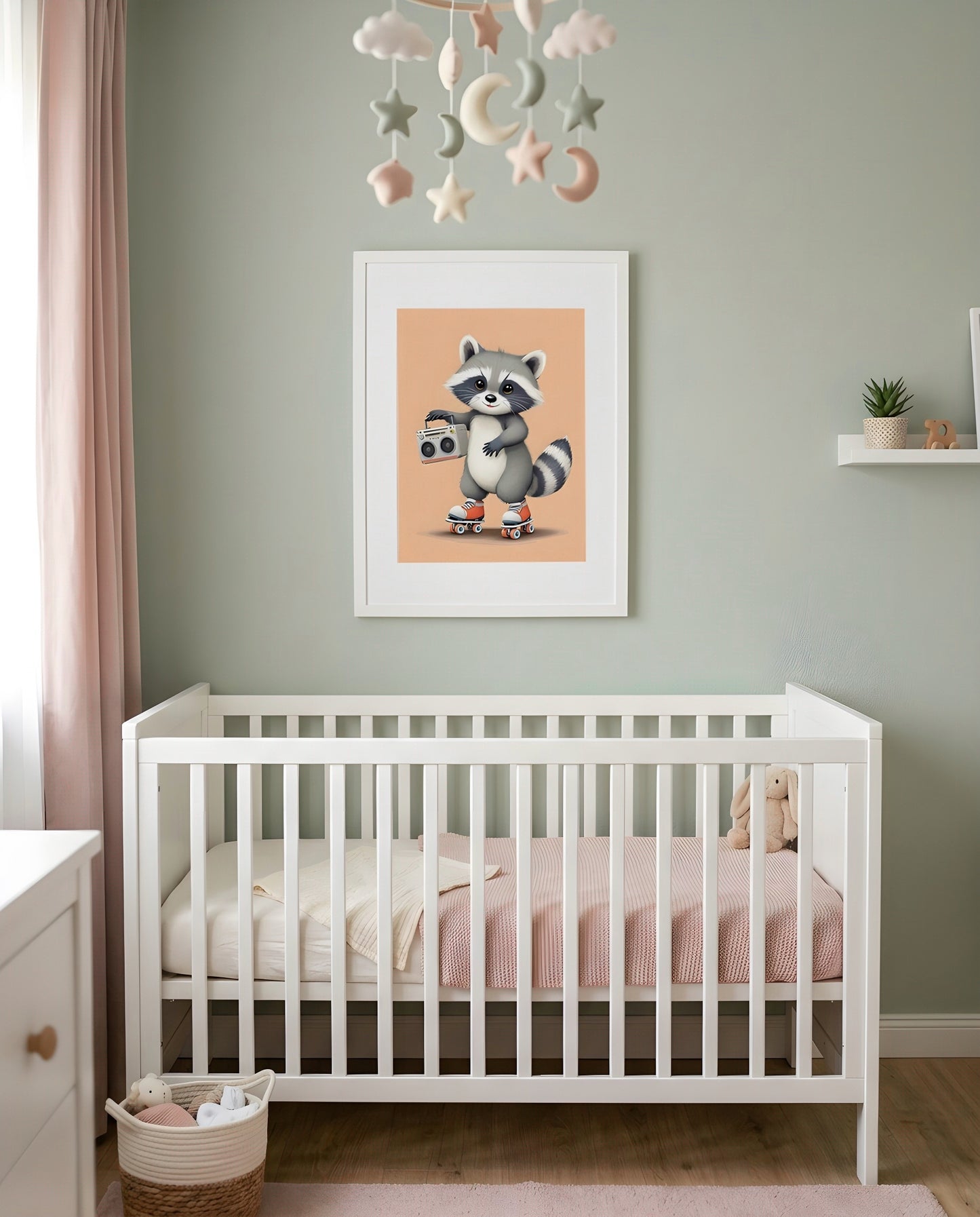 Nursery Baby Raccoon Retro Flat Illustration Printable Wall Art — framed above a crib in a softly lit nursery