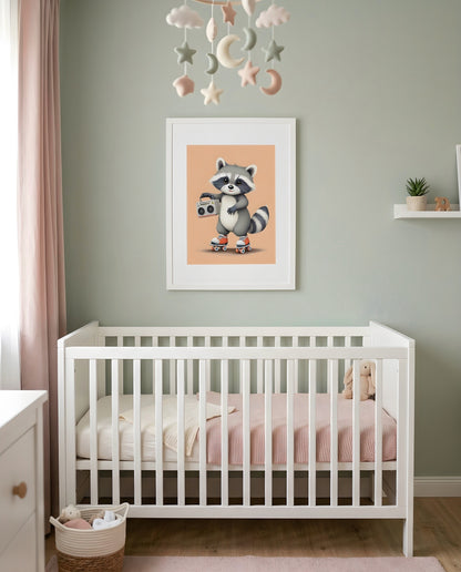 Nursery Baby Raccoon Retro Flat Illustration Printable Wall Art — framed above a crib in a softly lit nursery