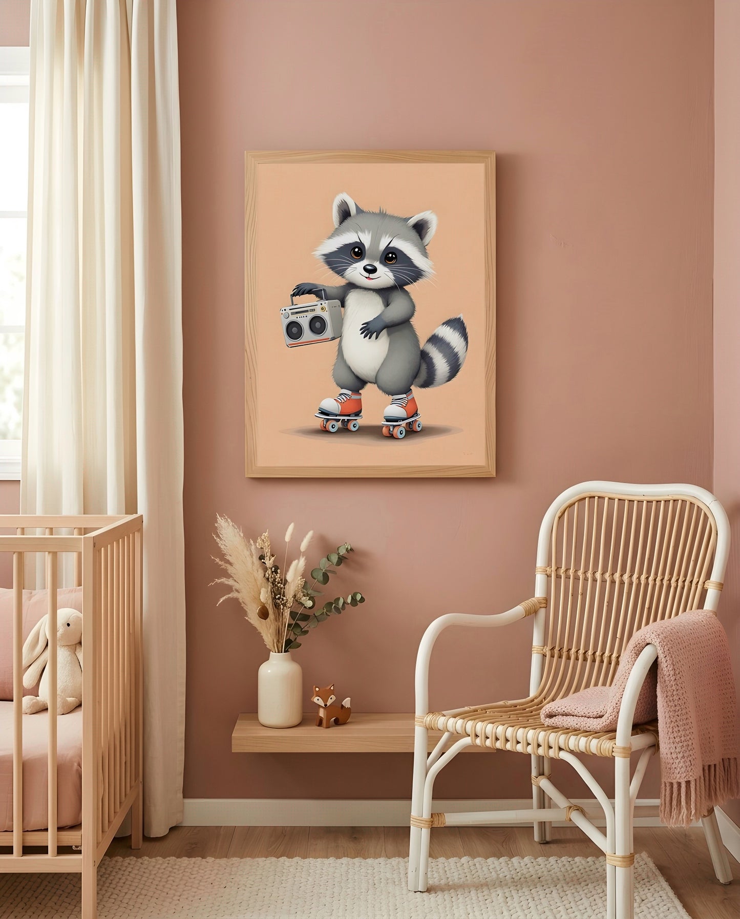Nursery Baby Raccoon Retro Flat Illustration Printable Wall Art — displayed in a styled room corner
