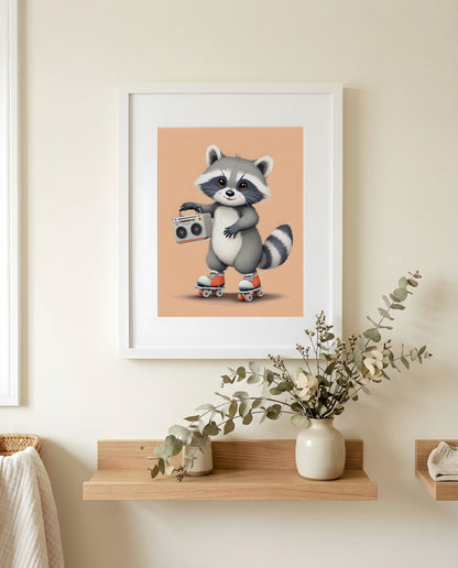 Nursery Baby Raccoon Retro Flat Illustration Printable Wall Art — close-up on a shelf alongside small ornaments