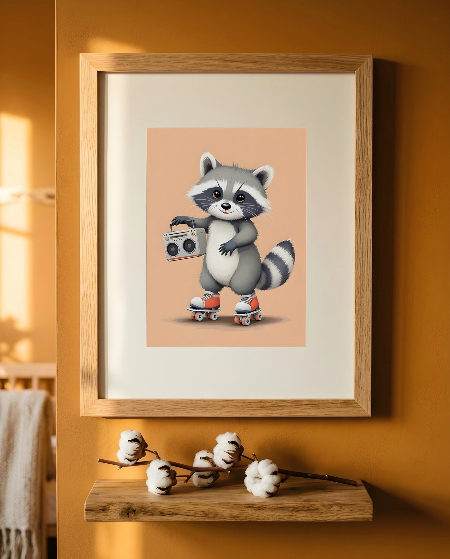 Nursery Baby Raccoon Retro Flat Illustration Printable Wall Art — close-up on a shelf alongside small ornaments