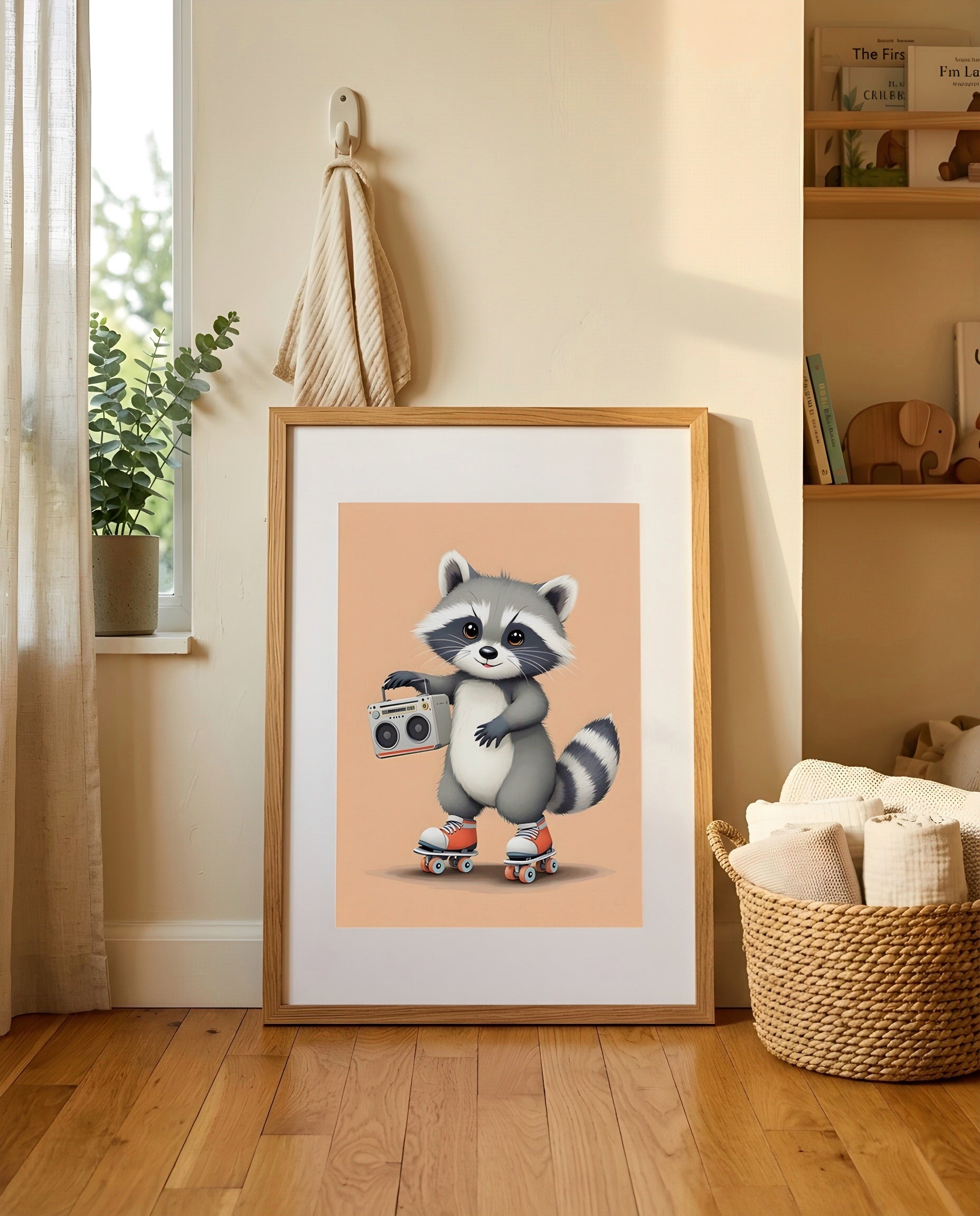 Nursery Baby Raccoon Retro Flat Illustration Printable Wall Art — leaning against a light wall in a styled setting