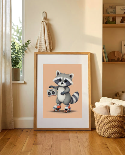 Nursery Baby Raccoon Retro Flat Illustration Printable Wall Art — leaning against a light wall in a styled setting