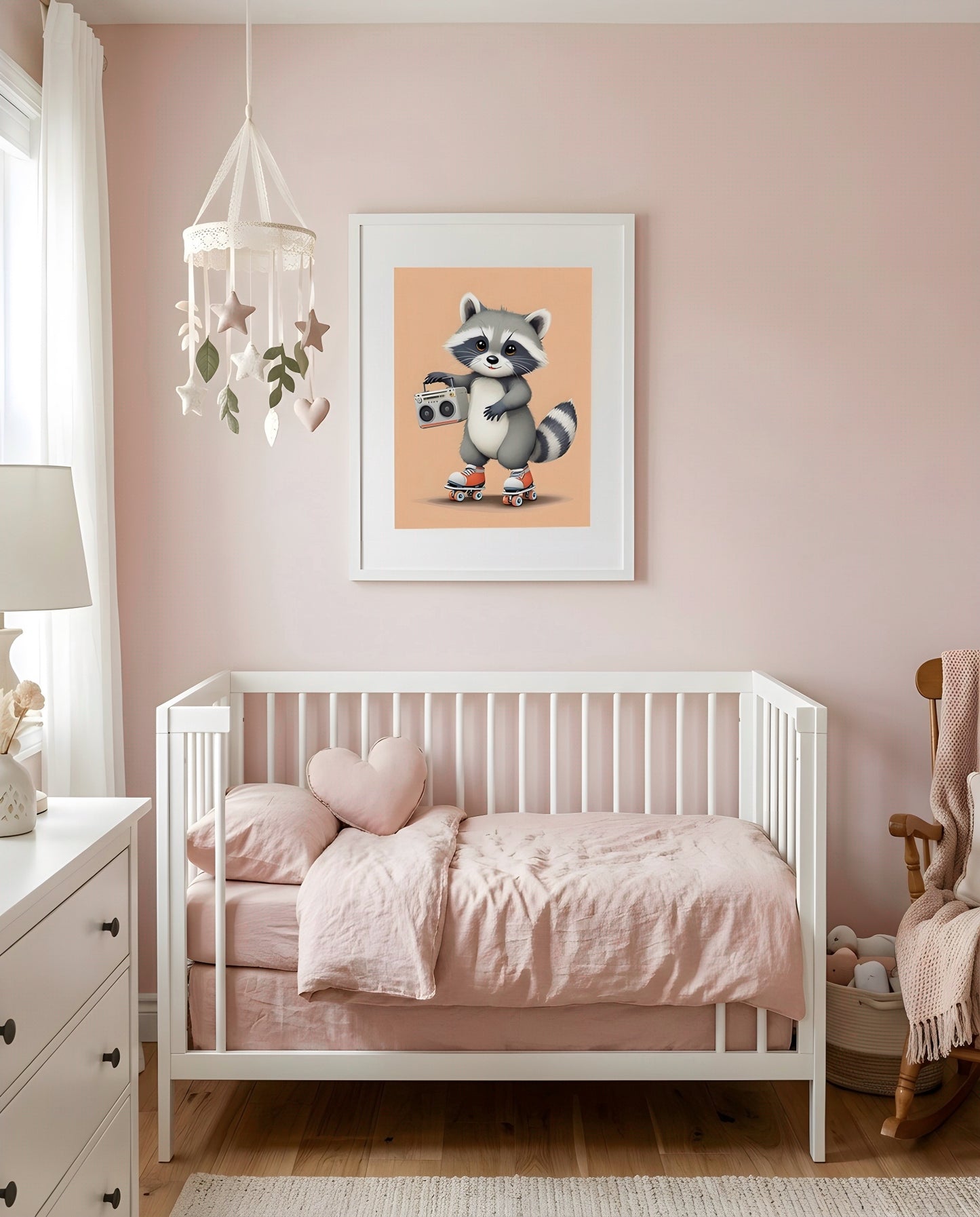Nursery Baby Raccoon Retro Flat Illustration Printable Wall Art — framed above a crib in a softly lit nursery