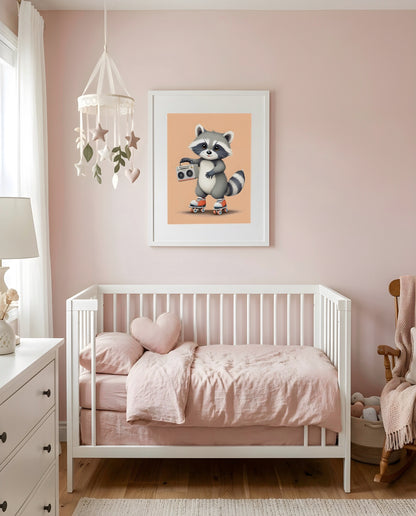 Nursery Baby Raccoon Retro Flat Illustration Printable Wall Art — framed above a crib in a softly lit nursery