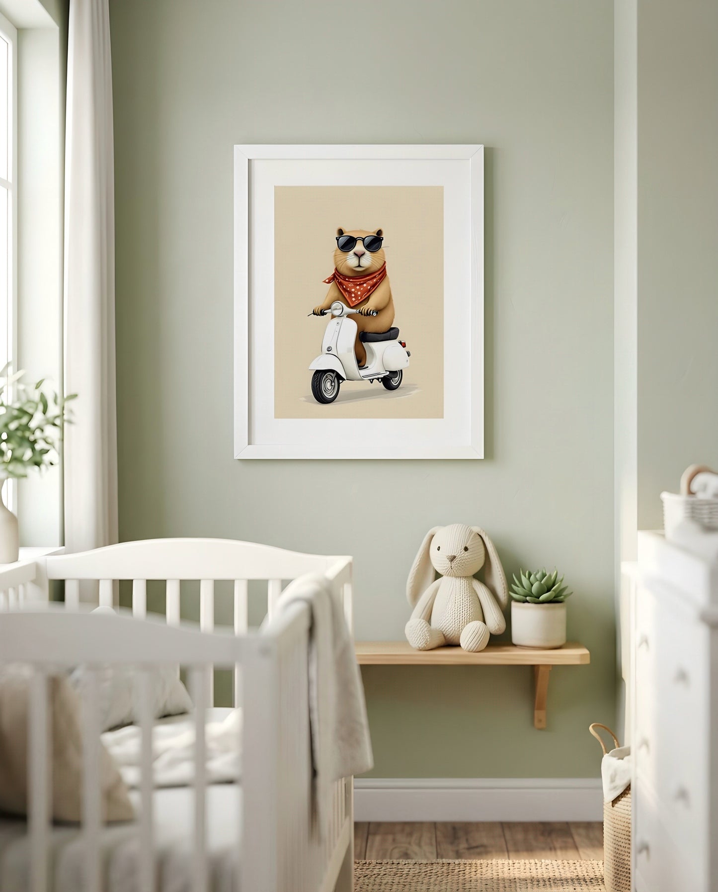 Nursery Capybara Scooter Retro Graphic Wall Art — framed in white on a neutral wall