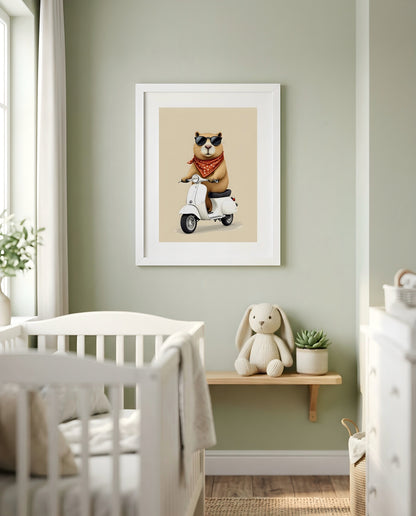 Nursery Capybara Scooter Retro Graphic Wall Art — framed in white on a neutral wall