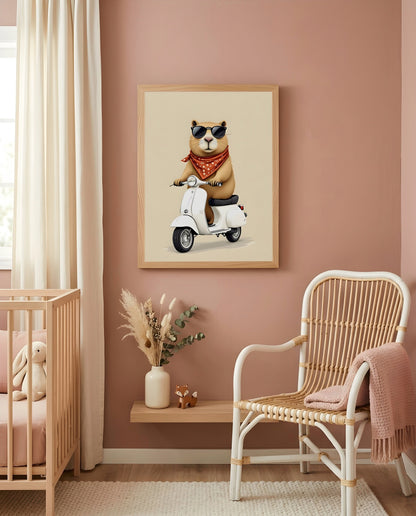Nursery Capybara Scooter Retro Graphic Wall Art — displayed in a styled room corner