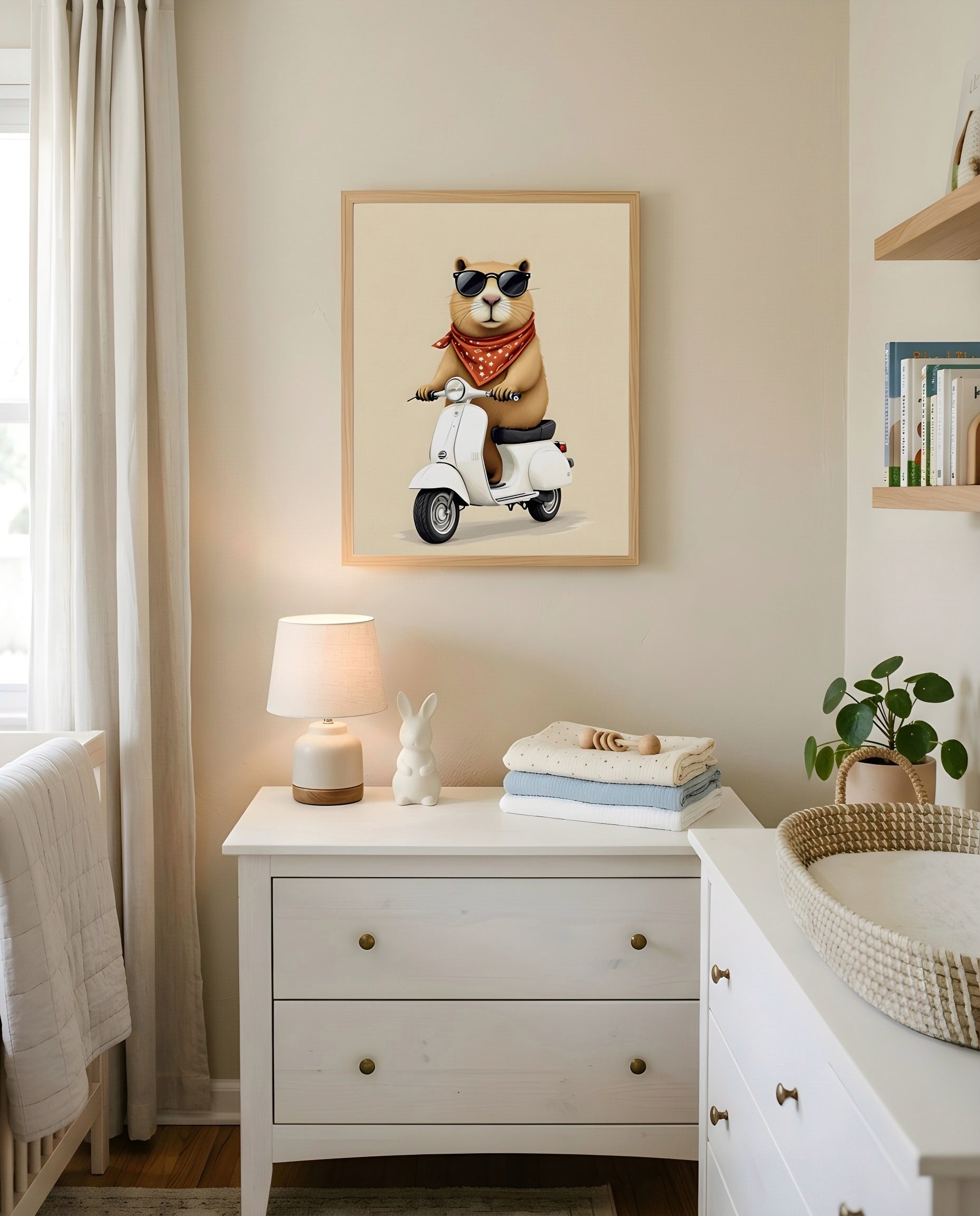Nursery Capybara Scooter Retro Graphic Wall Art — hung above a dresser on a warm-toned wall