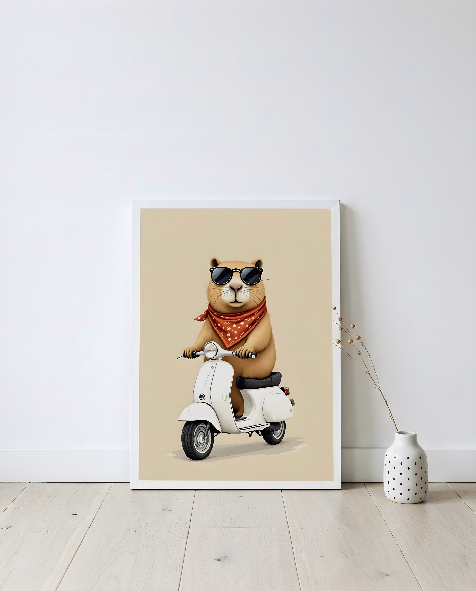 Nursery Capybara Scooter Retro Graphic Wall Art — displayed in a styled home setting