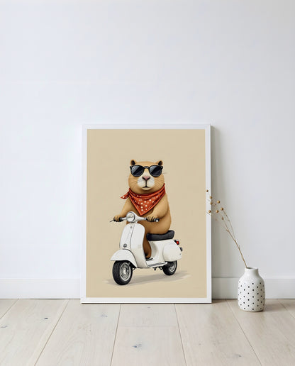 Nursery Capybara Scooter Retro Graphic Wall Art — displayed in a styled home setting