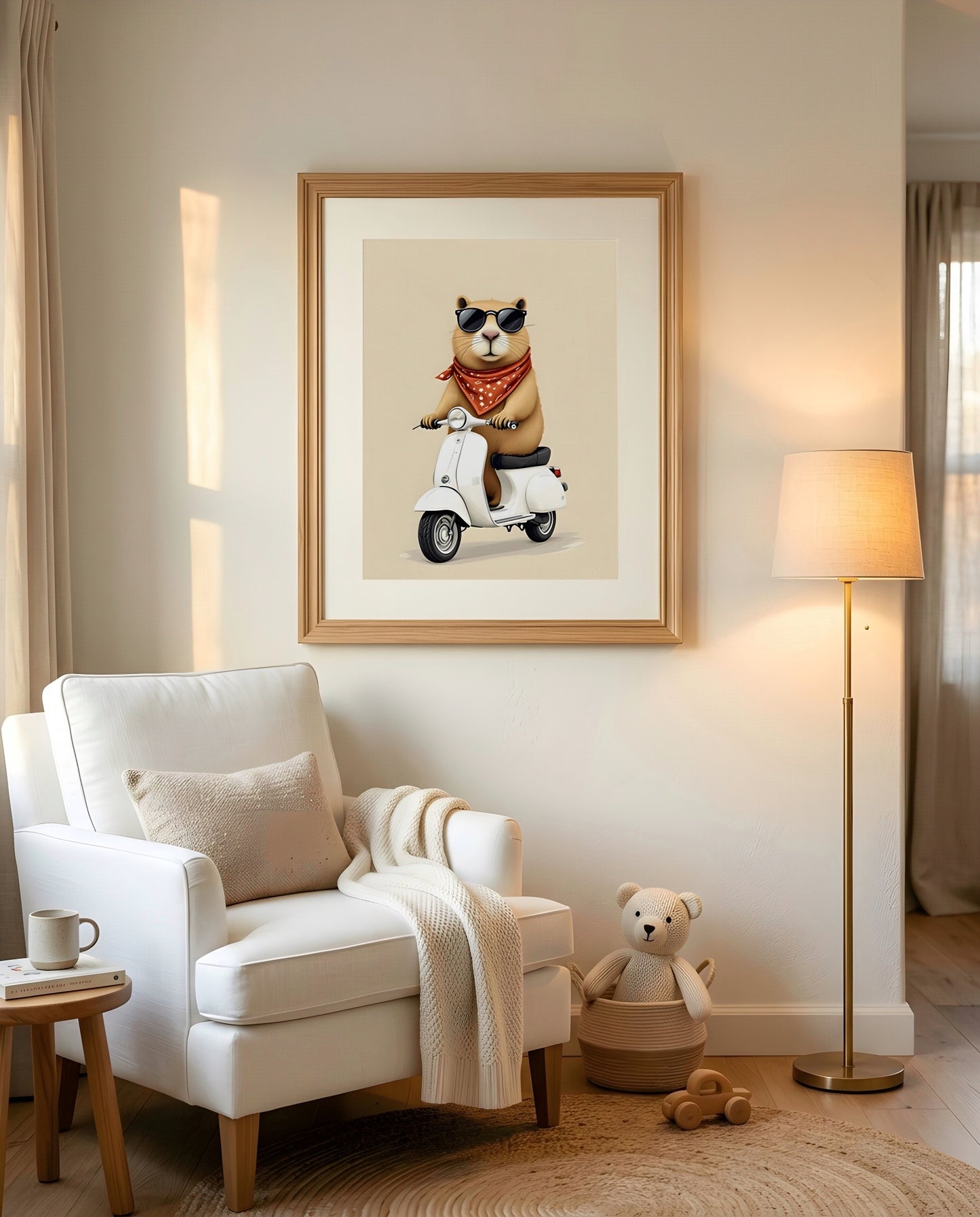 Nursery Capybara Scooter Retro Graphic Wall Art — displayed in a styled room corner