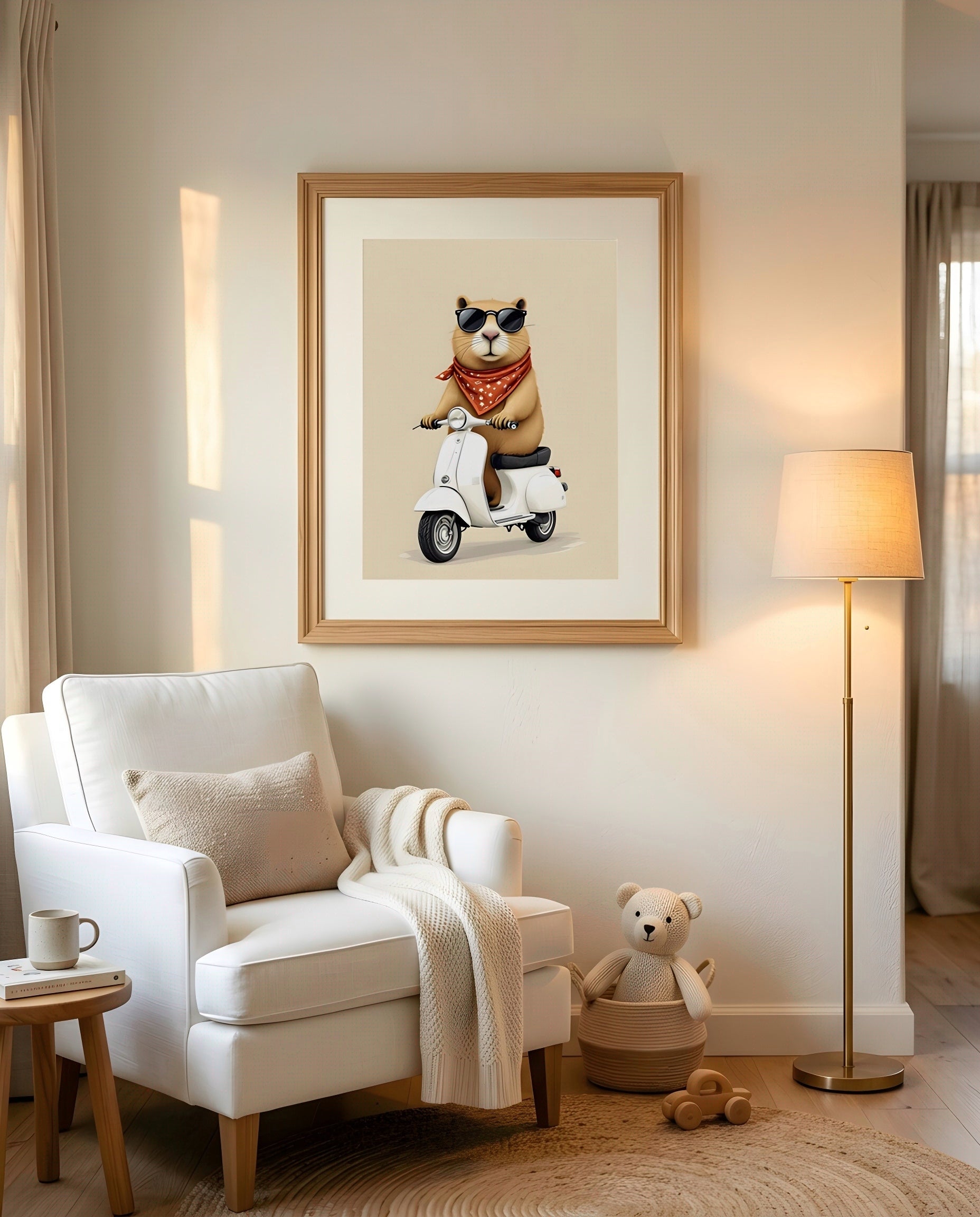 Nursery Capybara Scooter Retro Graphic Wall Art — displayed in a styled room corner