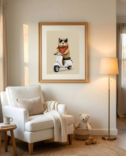 Nursery Capybara Scooter Retro Graphic Wall Art — displayed in a styled room corner