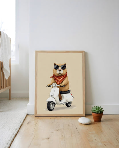 Nursery Capybara Scooter Retro Graphic Wall Art — leaning against a wall in a styled setting