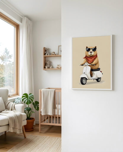 Nursery Capybara Scooter Retro Graphic Wall Art — displayed beside a window in warm natural light