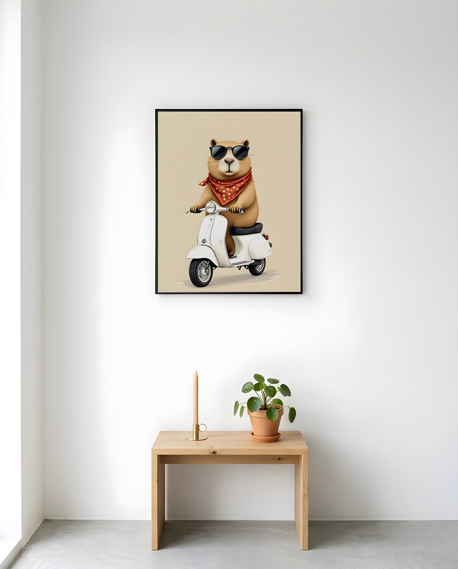 Nursery Capybara Scooter Retro Graphic Wall Art — displayed in a styled room corner