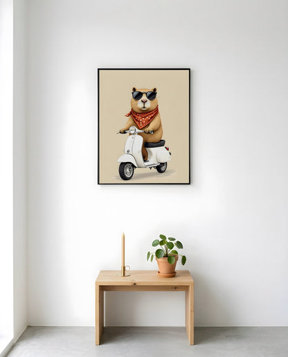 Nursery Capybara Scooter Retro Graphic Wall Art — displayed in a styled room corner