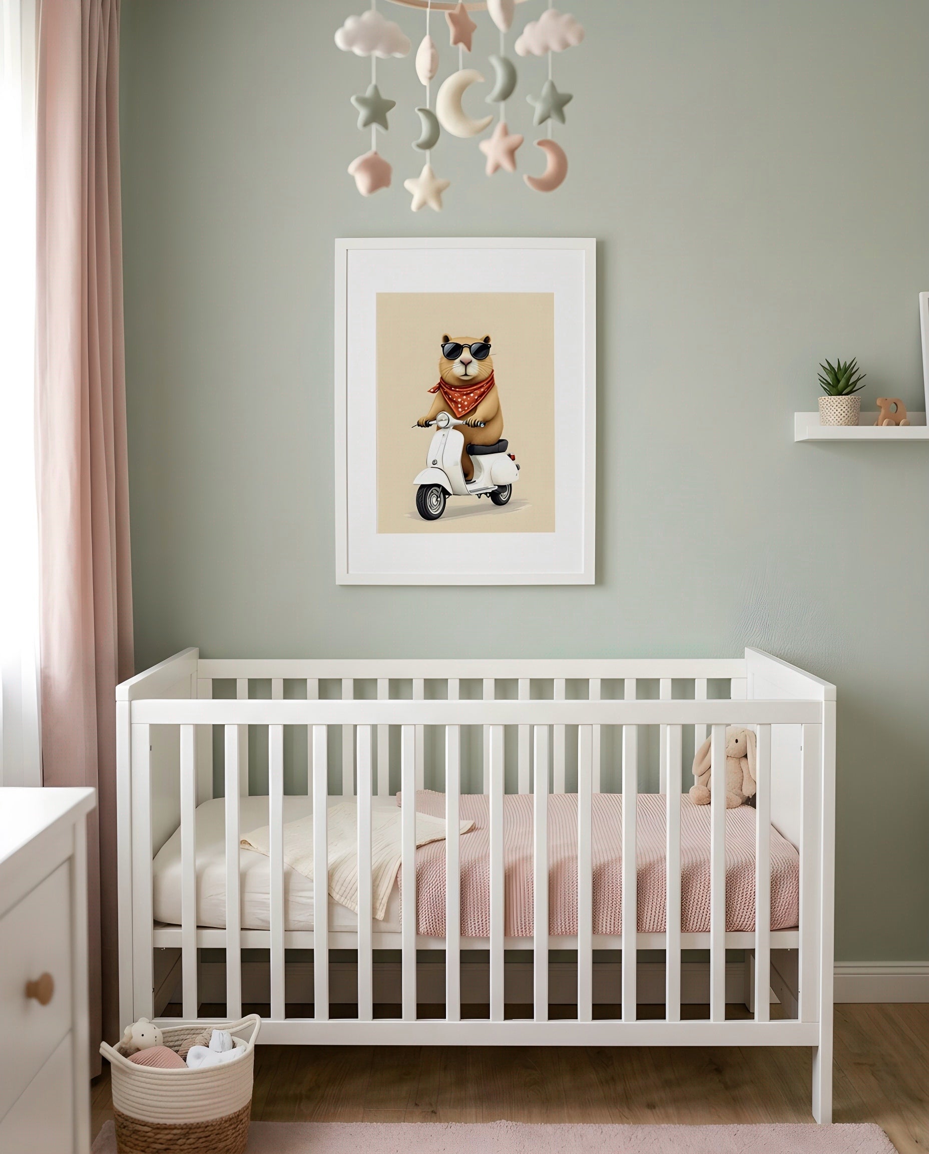 Nursery Capybara Scooter Retro Graphic Wall Art — framed above a crib in a softly lit nursery