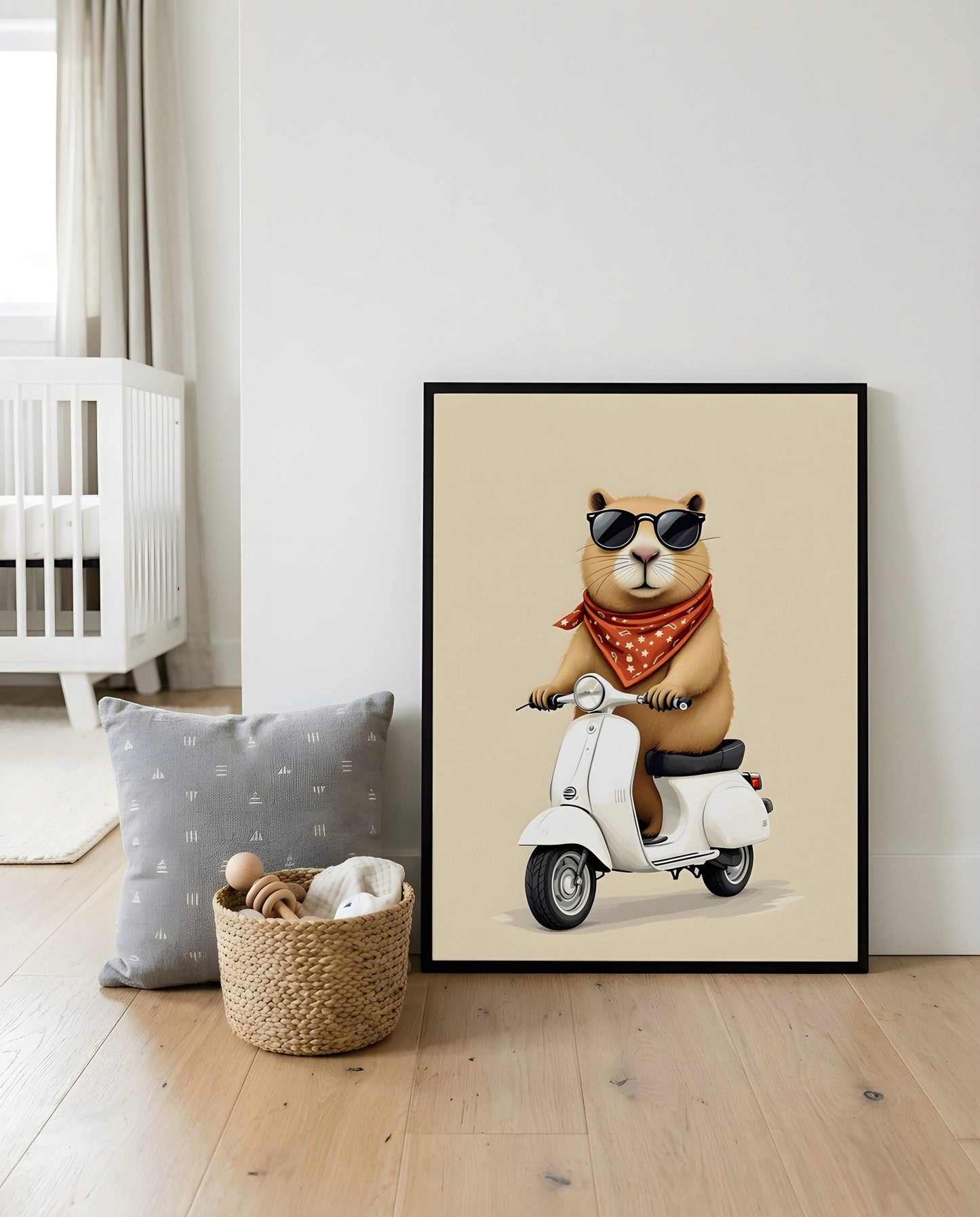 Nursery Capybara Scooter Retro Graphic Wall Art — displayed in a styled home setting