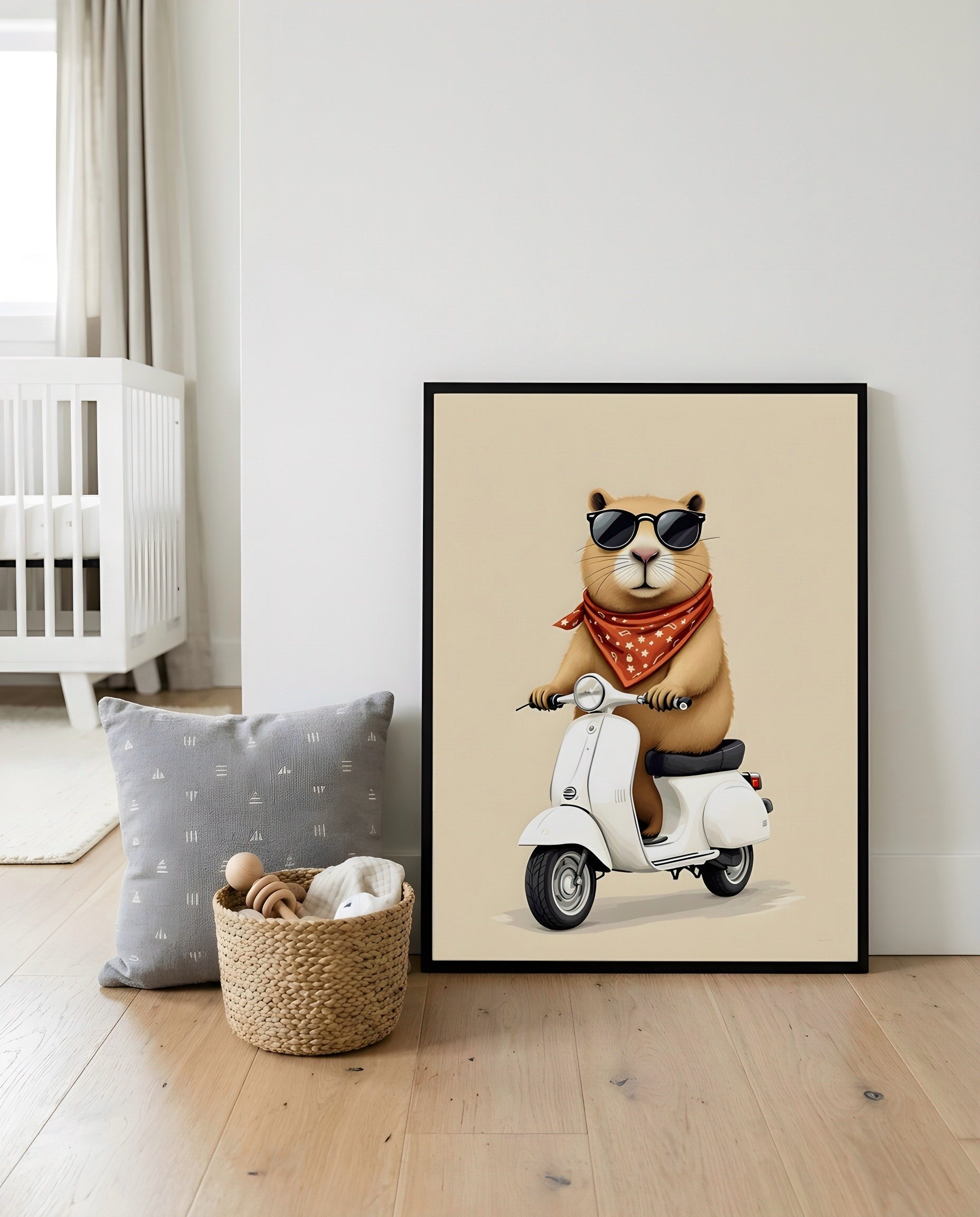 Nursery Capybara Scooter Retro Graphic Wall Art — displayed in a styled home setting