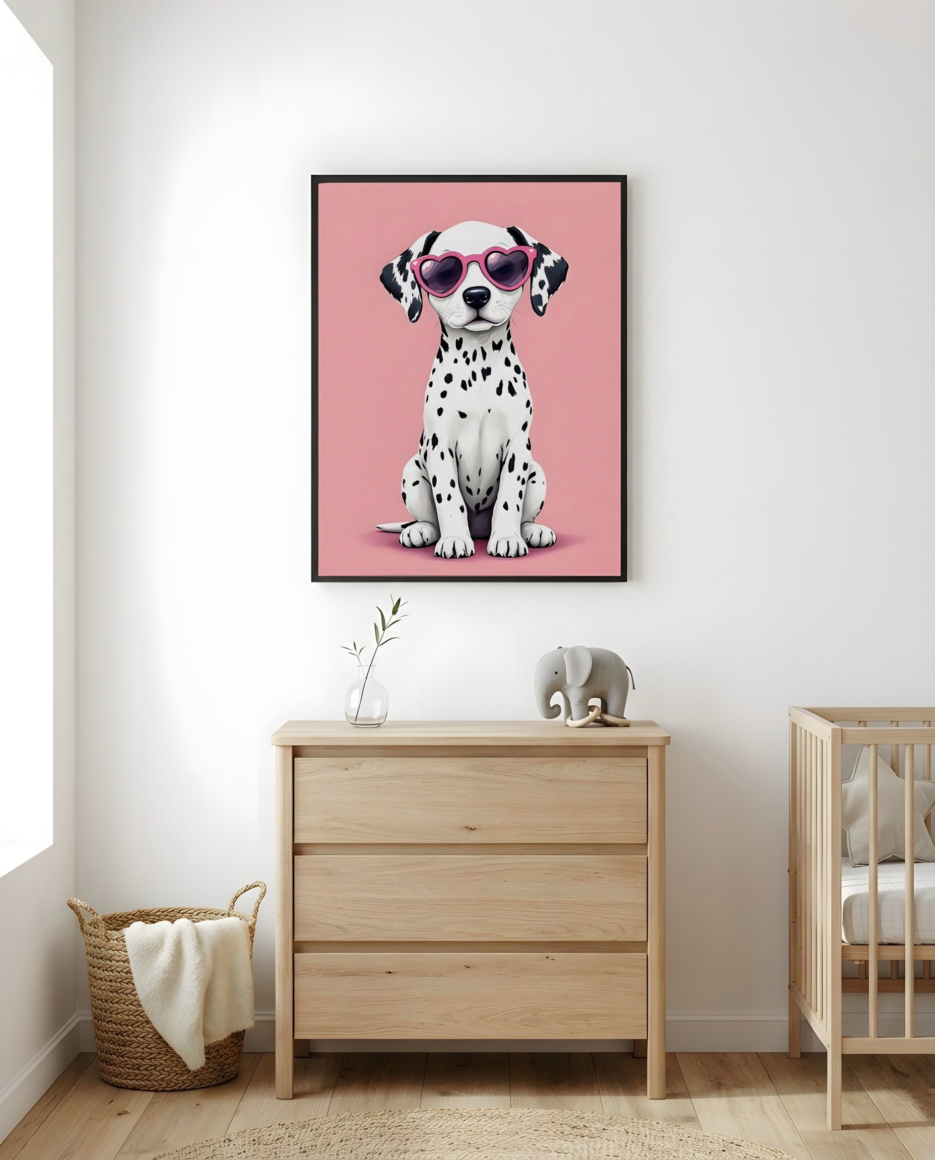 Nursery Dalmatian Puppy Retro Flat Illustration Printable Wall Art — framed in white on a neutral wall