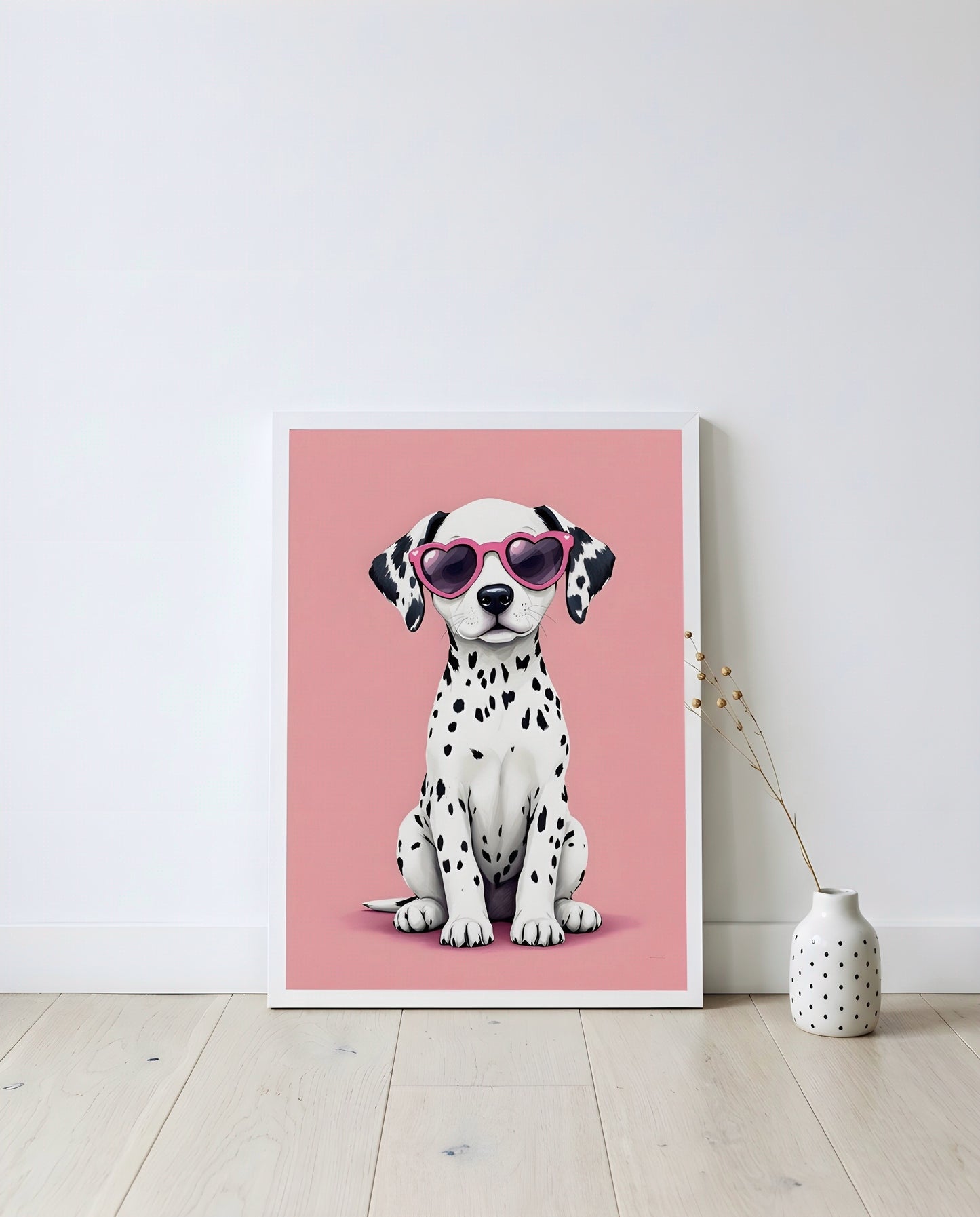 Nursery Dalmatian Puppy Retro Flat Illustration Printable Wall Art — displayed in a styled home setting
