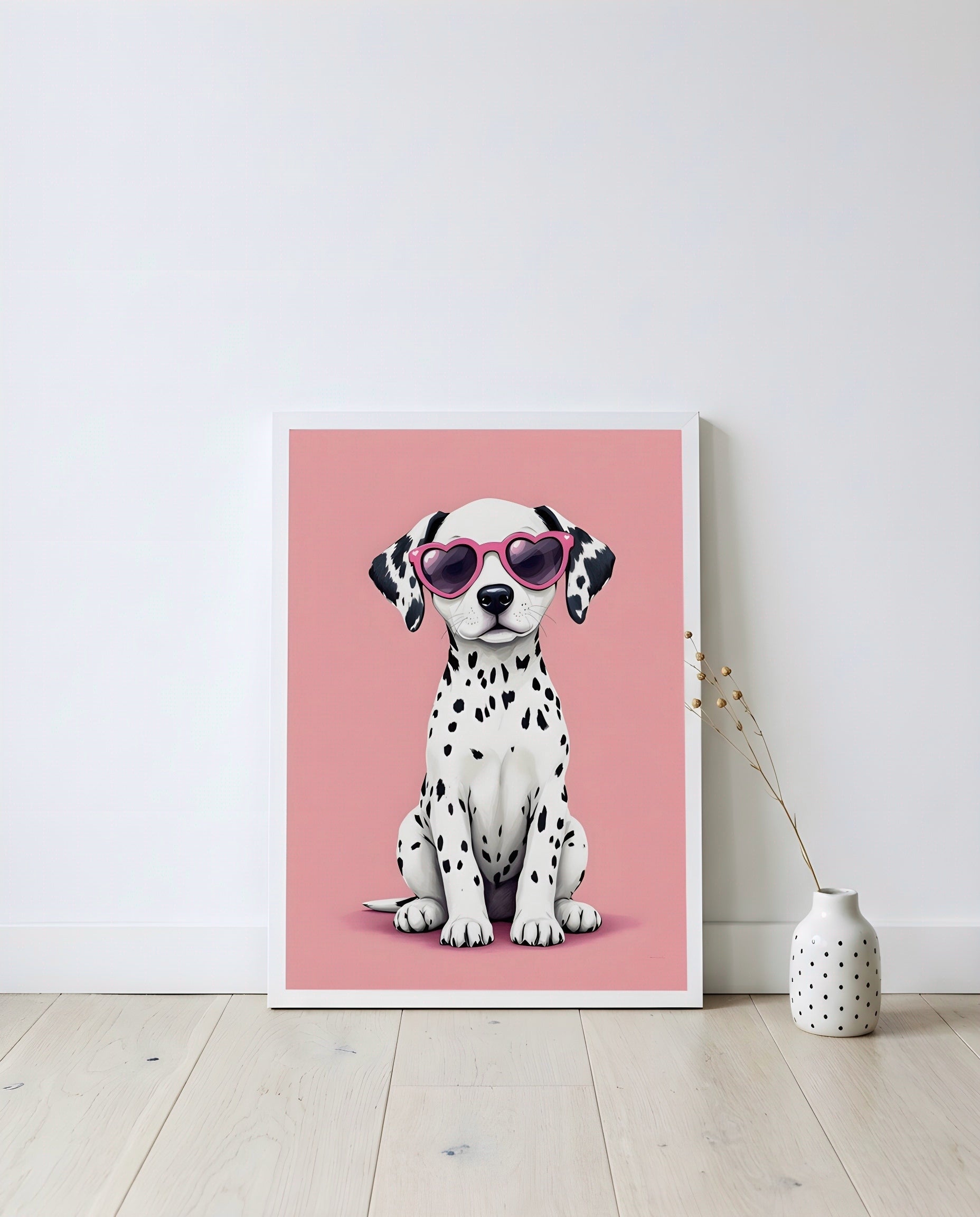 Nursery Dalmatian Puppy Retro Flat Illustration Printable Wall Art — displayed in a styled home setting