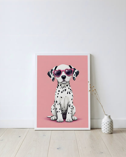 Nursery Dalmatian Puppy Retro Flat Illustration Printable Wall Art — displayed in a styled home setting